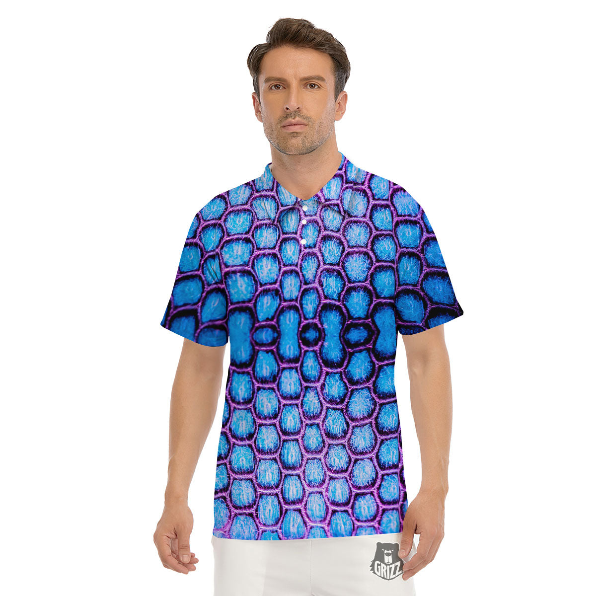Snakeskin Blue And Purple Print Pattern Men's Golf Shirts-grizzshop