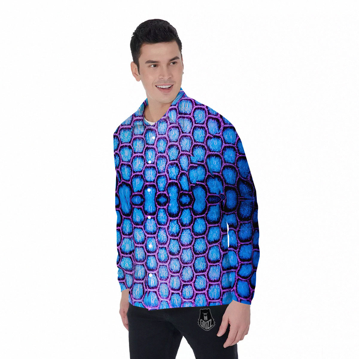 Snakeskin Blue And Purple Print Pattern Men's Long Sleeve Shirts-grizzshop