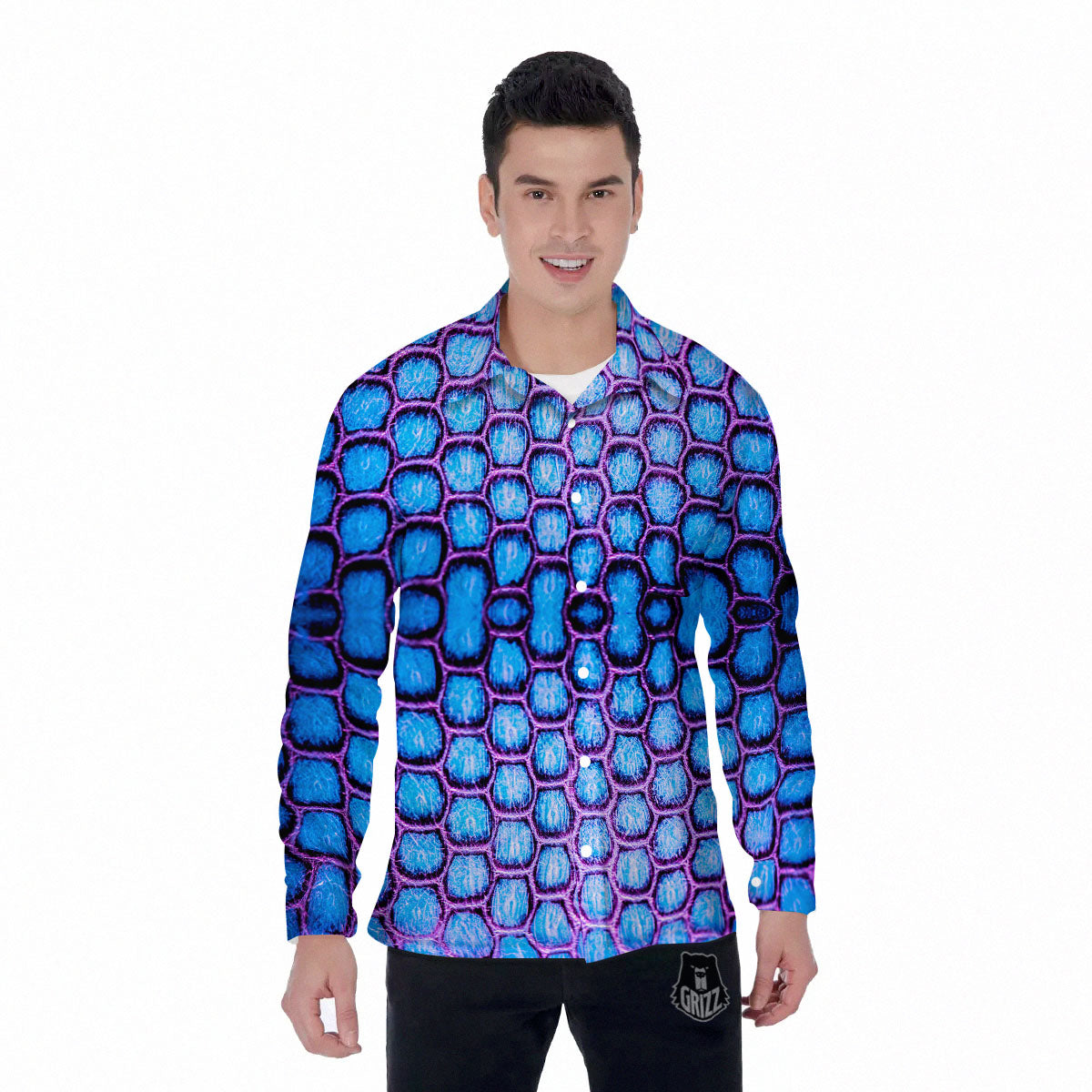 Snakeskin Blue And Purple Print Pattern Men's Long Sleeve Shirts-grizzshop