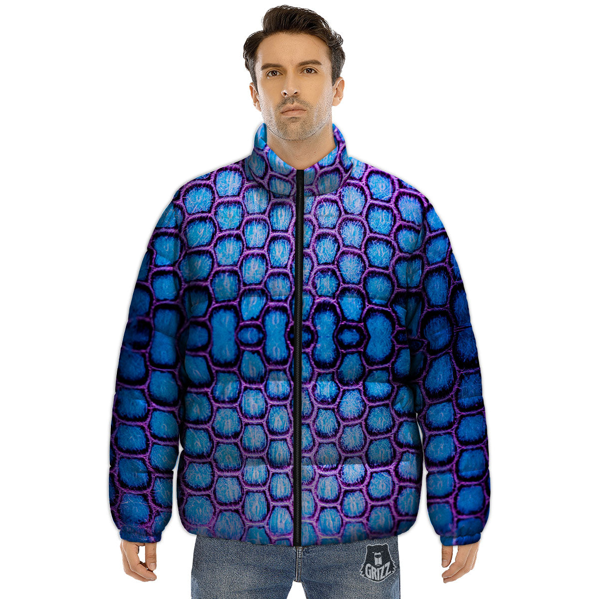 Snakeskin Blue And Purple Print Pattern Puffer Jacket-grizzshop