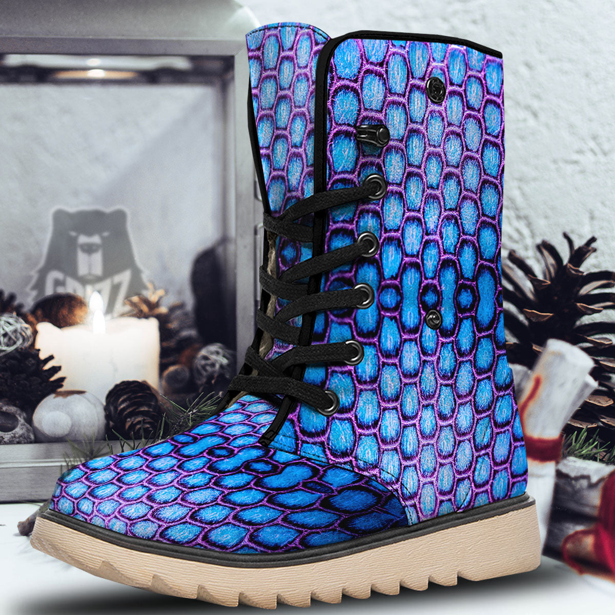 Snakeskin Blue And Purple Print Pattern Snow Boots-grizzshop