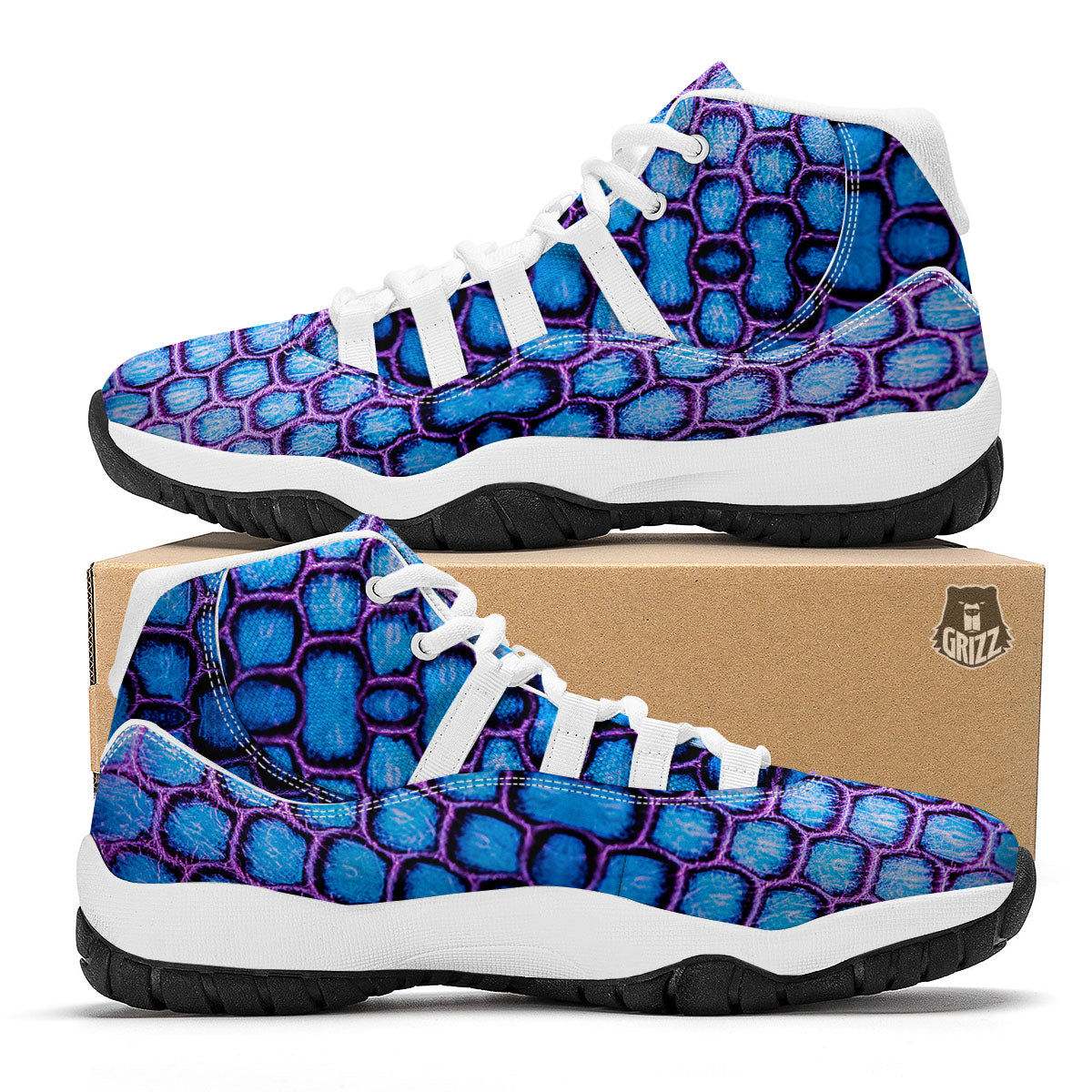 Snakeskin Blue And Purple Print Pattern White Bball Shoes-grizzshop