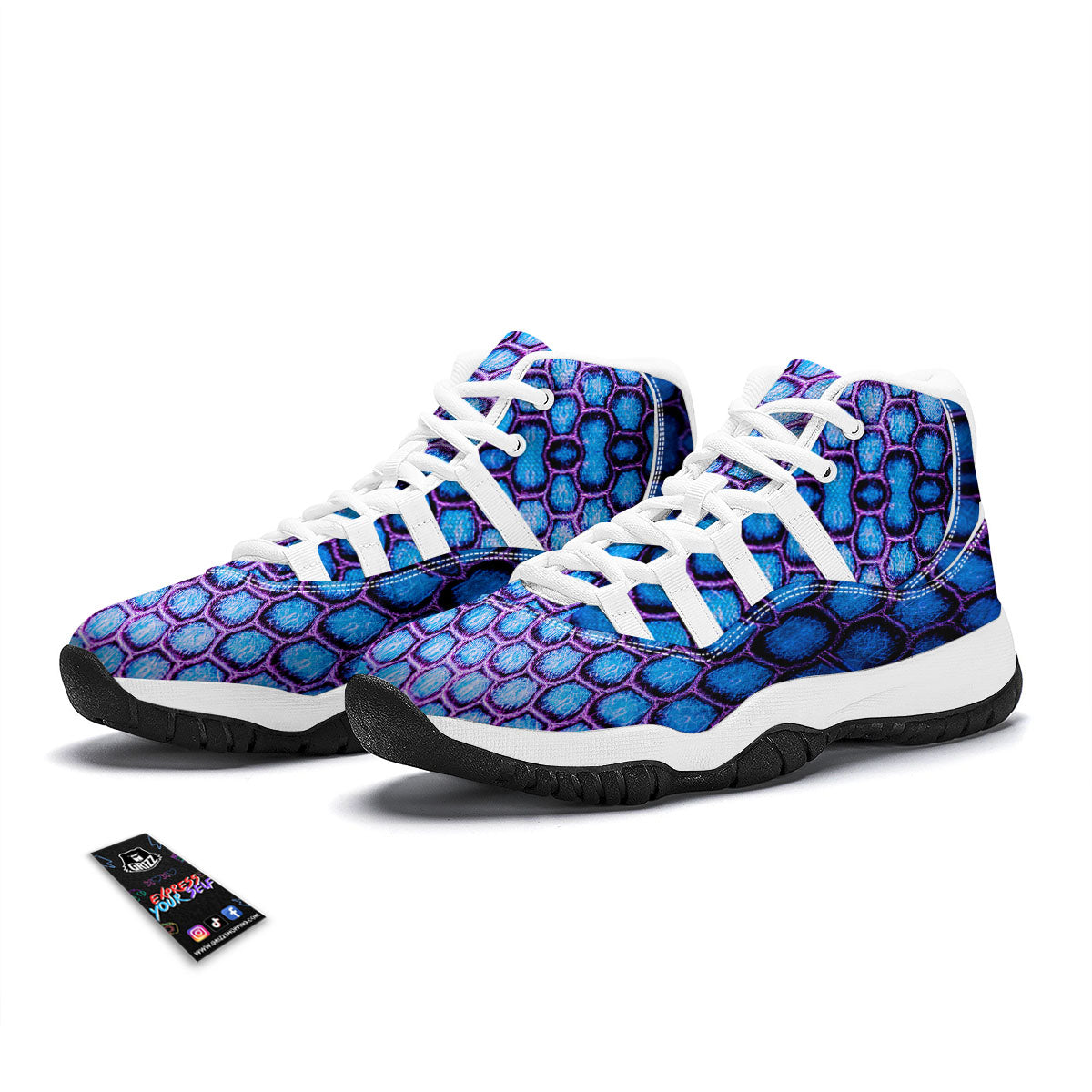 Snakeskin Blue And Purple Print Pattern White Bball Shoes-grizzshop