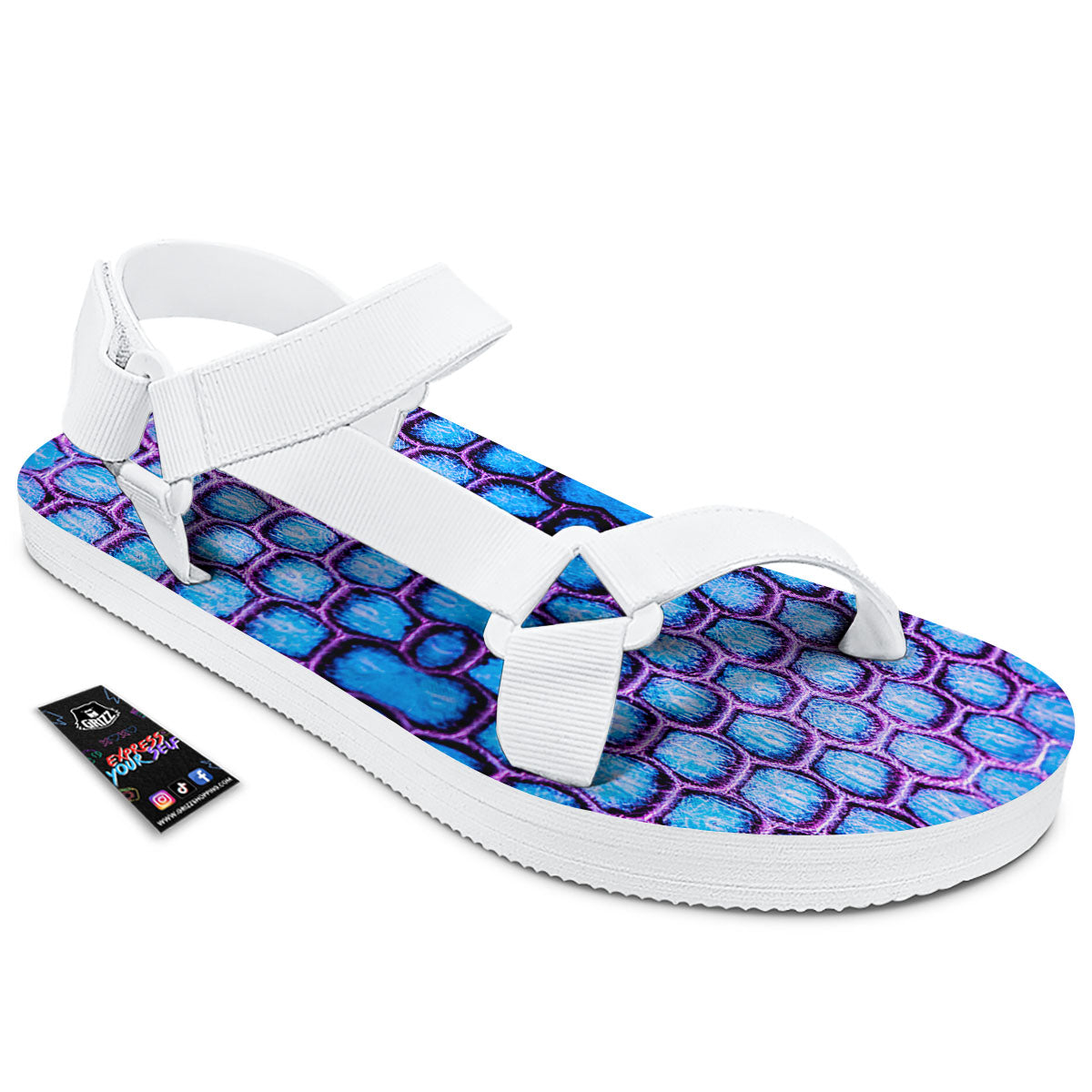 Snakeskin Blue And Purple Print Pattern White Open Toe Sandals-grizzshop