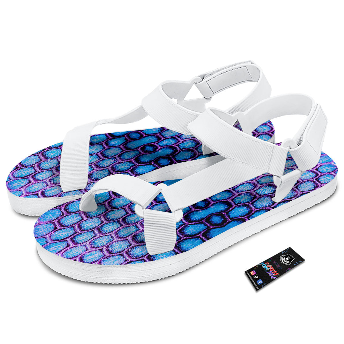 Snakeskin Blue And Purple Print Pattern White Open Toe Sandals-grizzshop