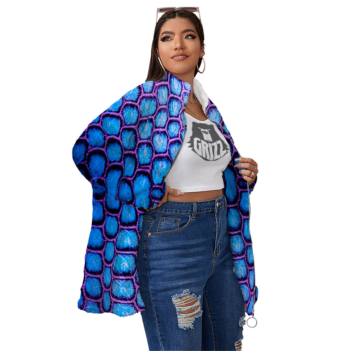 Snakeskin Blue And Purple Print Pattern Women's Sherpa Jacket-grizzshop