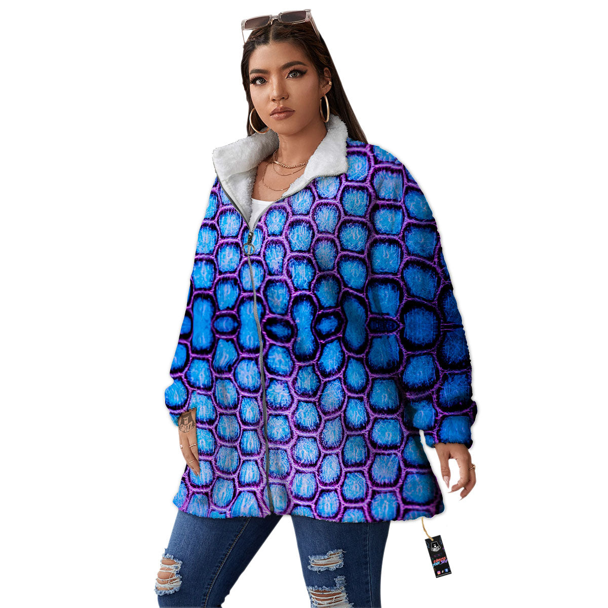 Snakeskin Blue And Purple Print Pattern Women's Sherpa Jacket-grizzshop