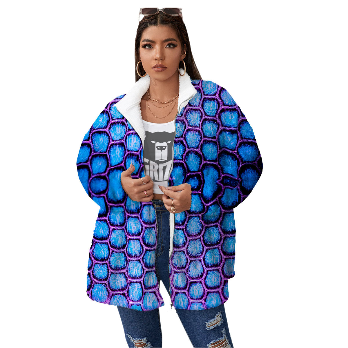Snakeskin Blue And Purple Print Pattern Women's Sherpa Jacket-grizzshop