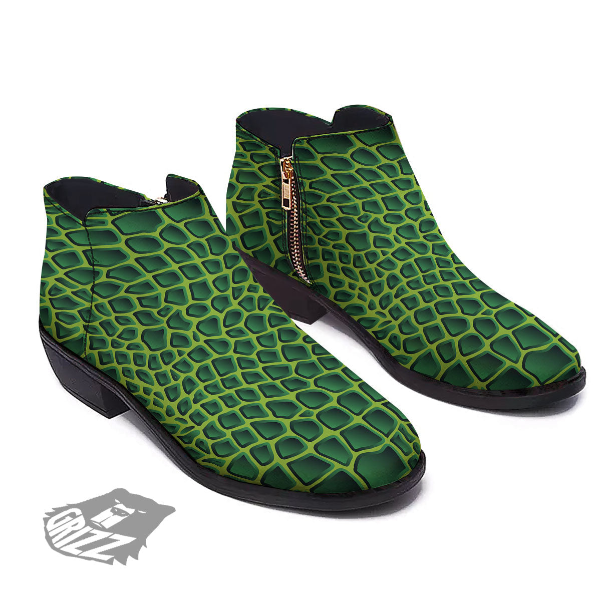 Snakeskin Green Print Ankle Boots-grizzshop