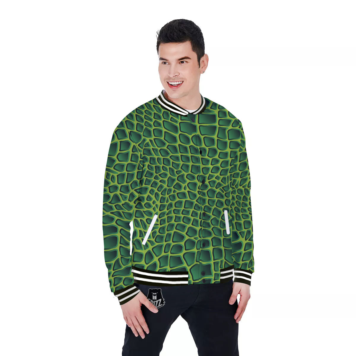 Snakeskin Green Print Baseball Jacket-grizzshop