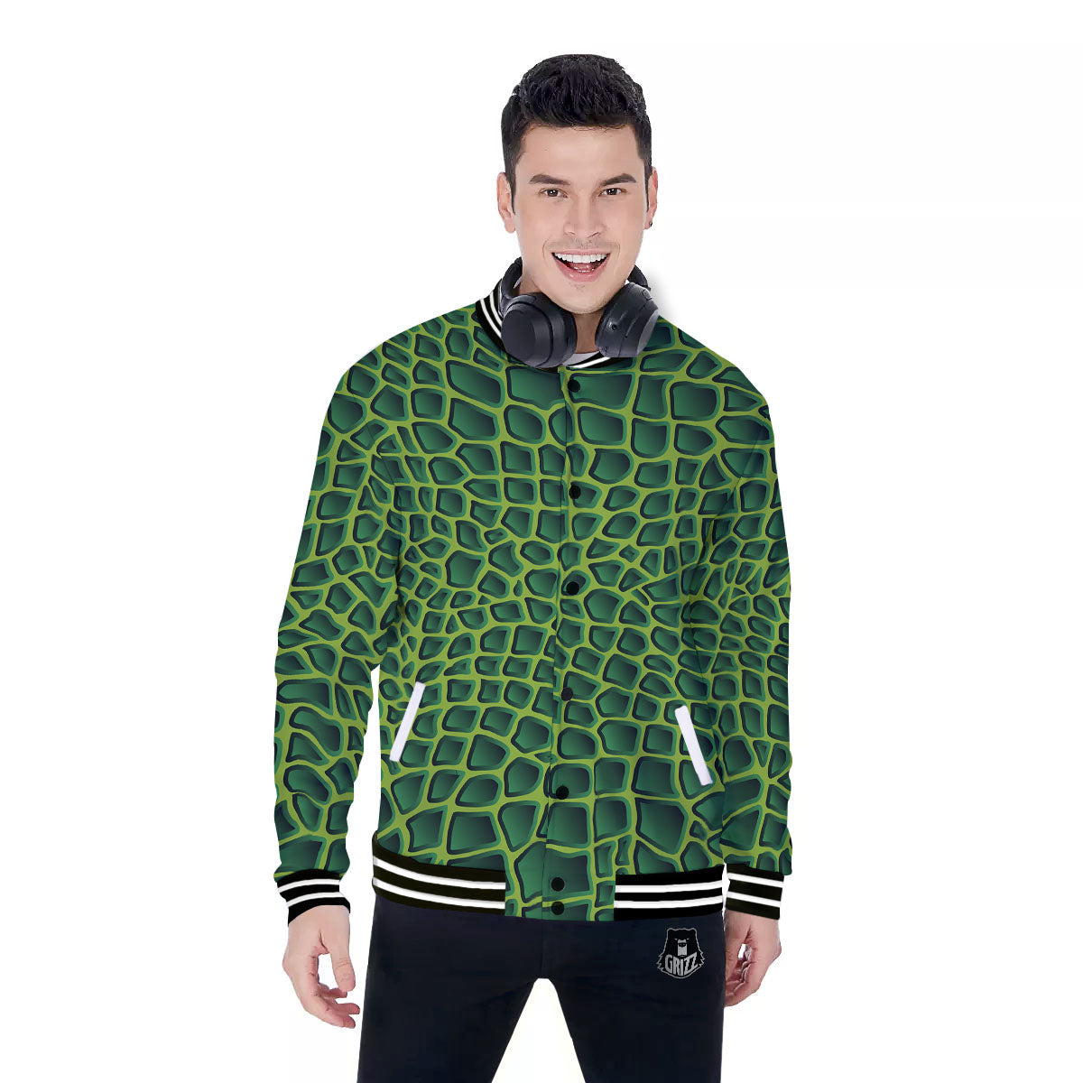 Snakeskin Green Print Baseball Jacket-grizzshop