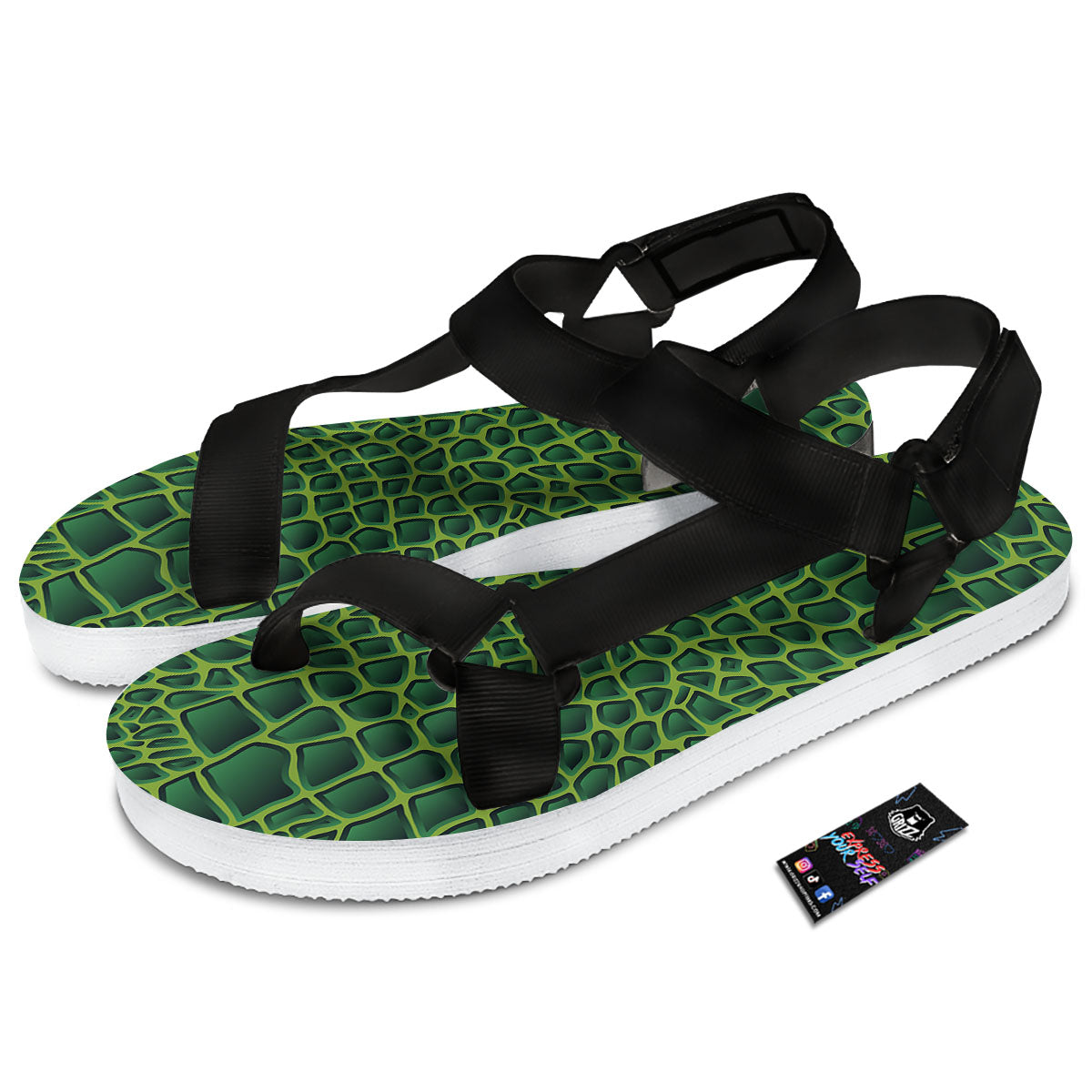 Snakeskin Green Print Black Open Toe Sandals-grizzshop
