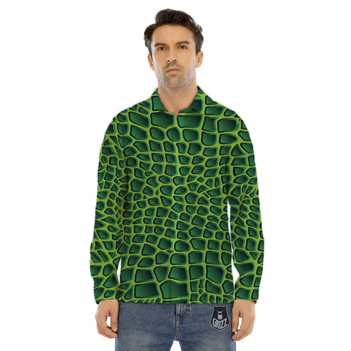 Snakeskin Green Print Men's Dress Shirts-grizzshop