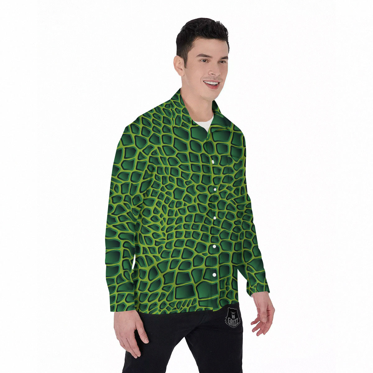 Snakeskin Green Print Men's Long Sleeve Shirts-grizzshop