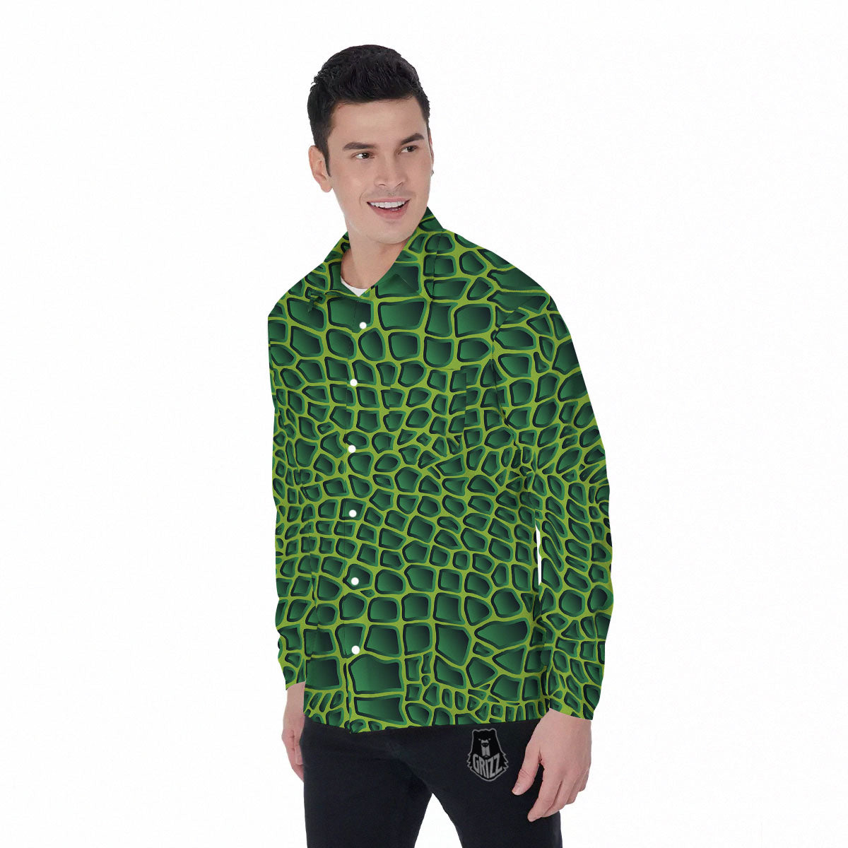 Snakeskin Green Print Men's Long Sleeve Shirts-grizzshop