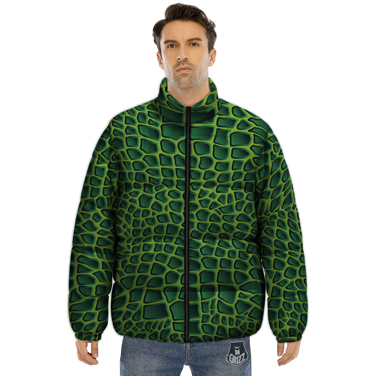 Snakeskin Green Print Puffer Jacket-grizzshop