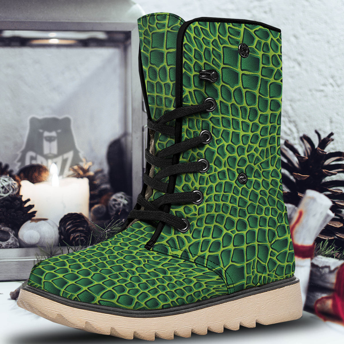 Snakeskin Green Print Snow Boots-grizzshop