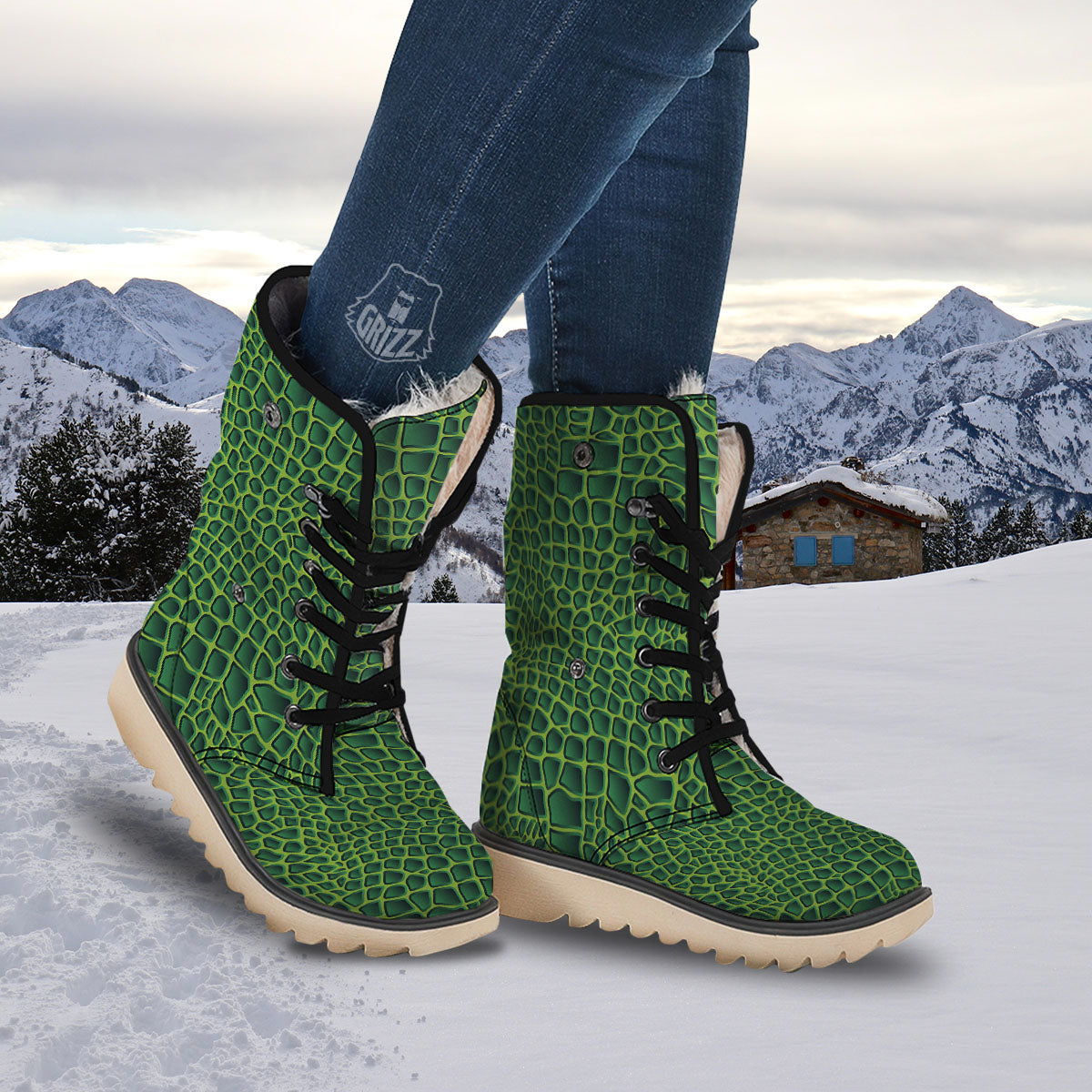 Snakeskin Green Print Snow Boots-grizzshop