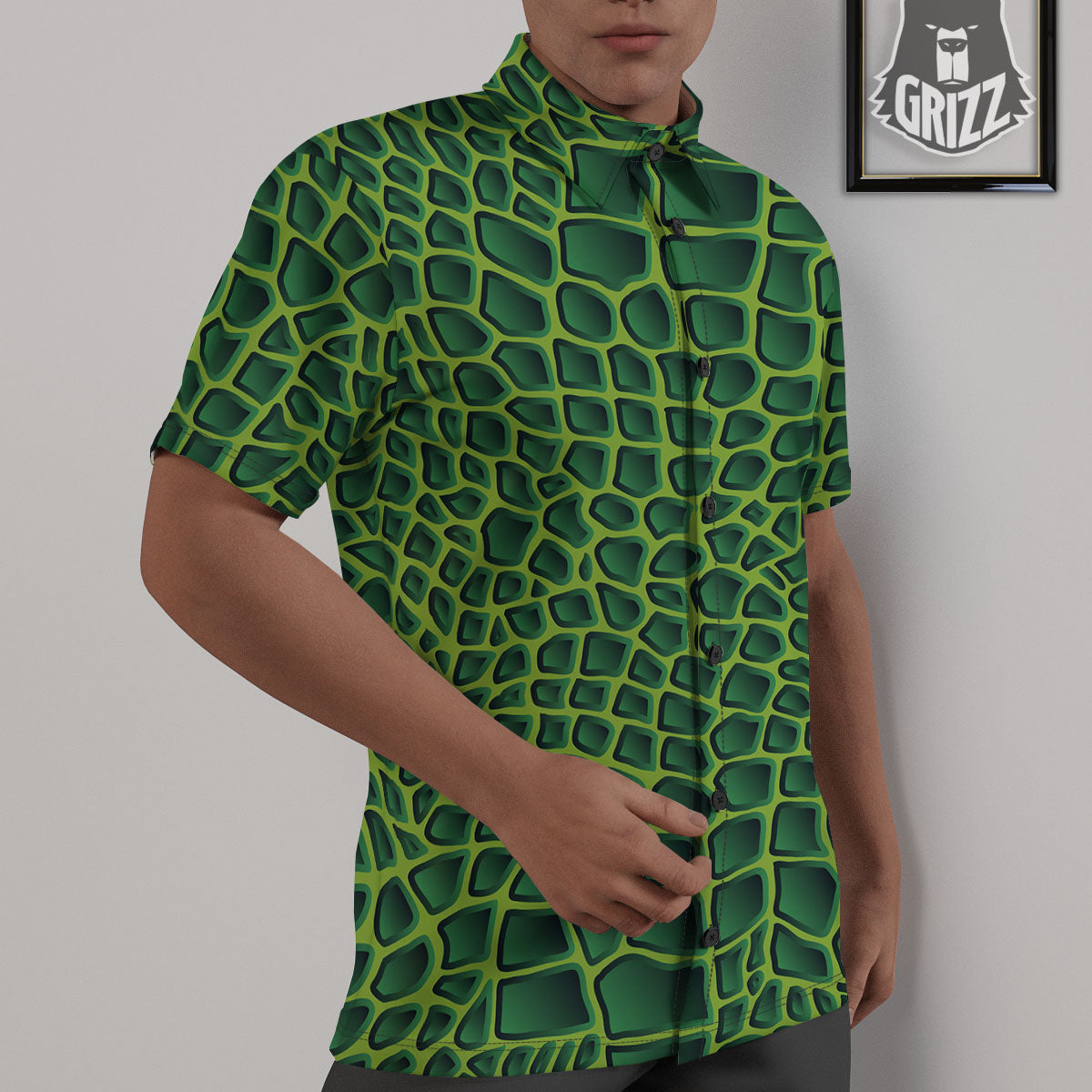 Snakeskin Green Print Untucked Shirts-grizzshop