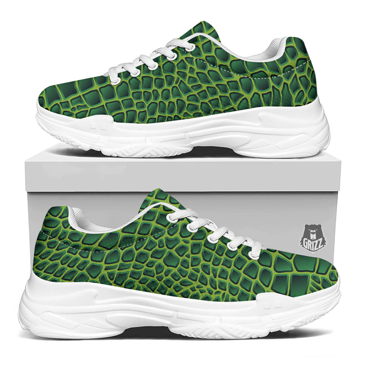 Snakeskin Green Print White Chunky Shoes-grizzshop