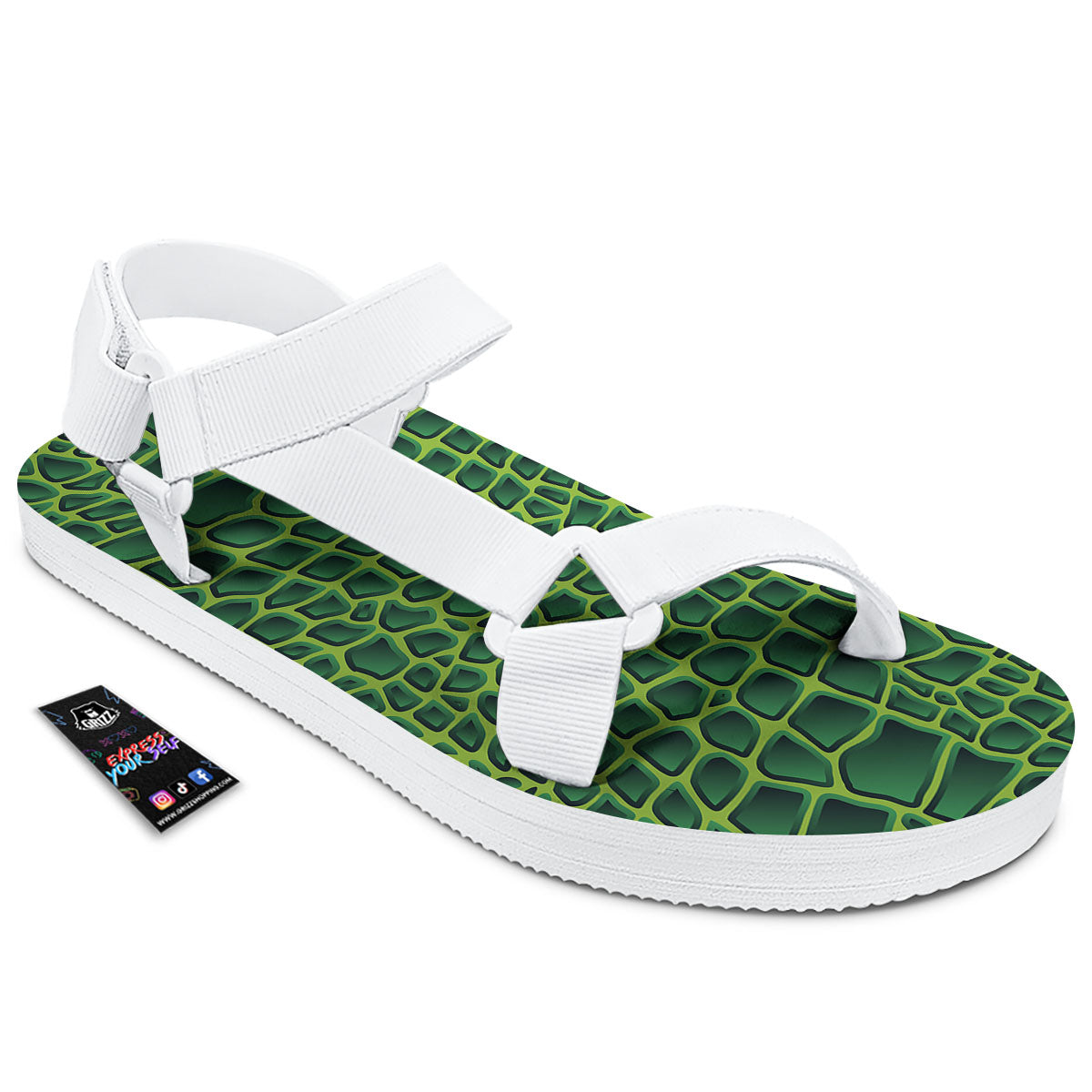 Snakeskin Green Print White Open Toe Sandals-grizzshop