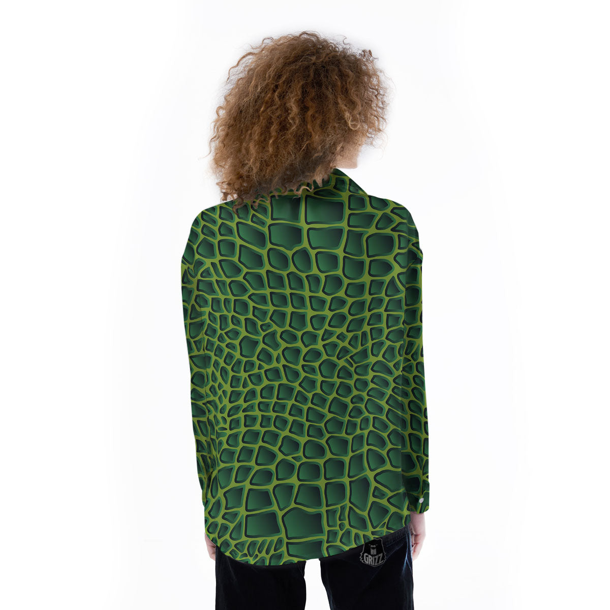 Snakeskin Green Print Women's Long Sleeve Shirts-grizzshop