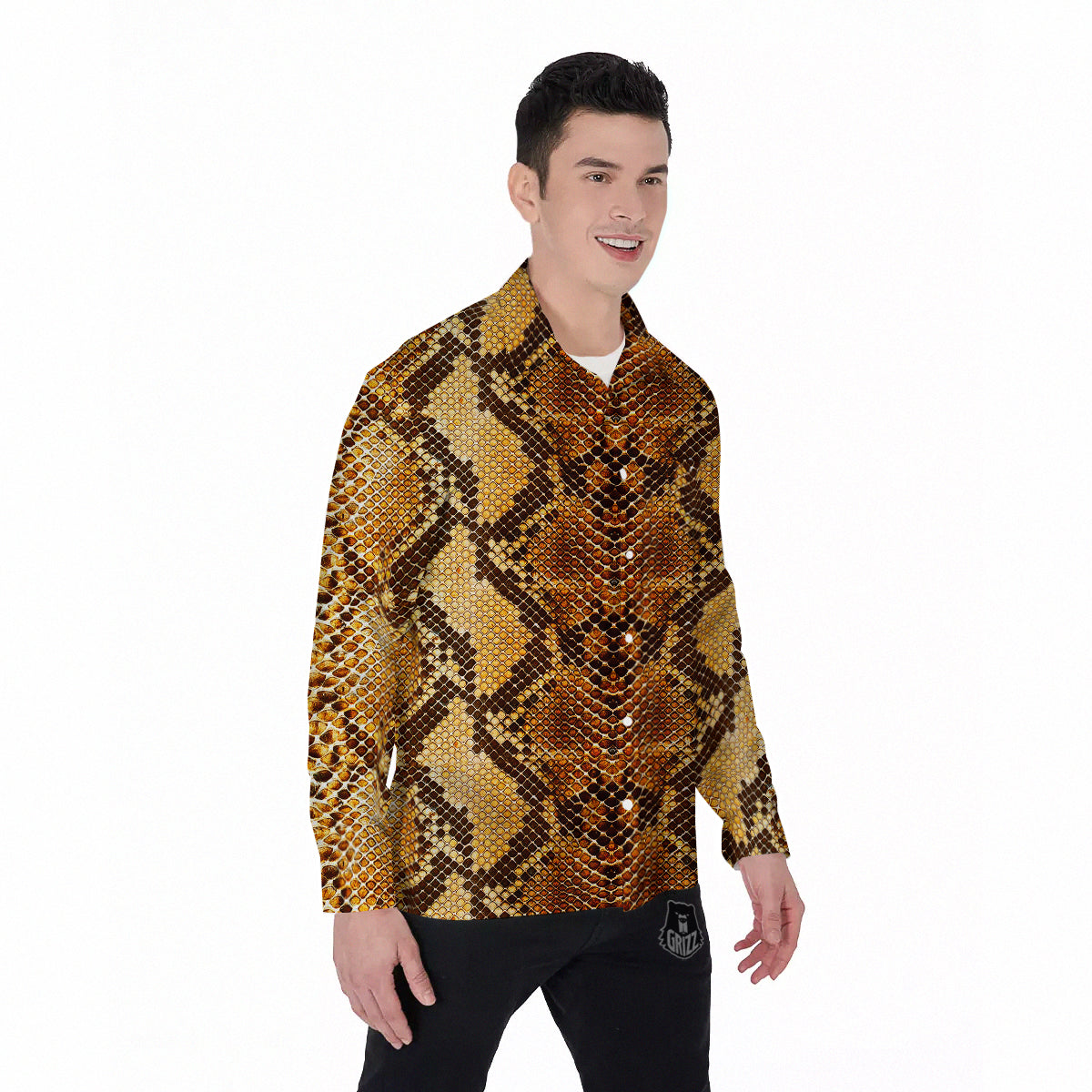 Snakeskin Leathers Print Men's Long Sleeve Shirts-grizzshop