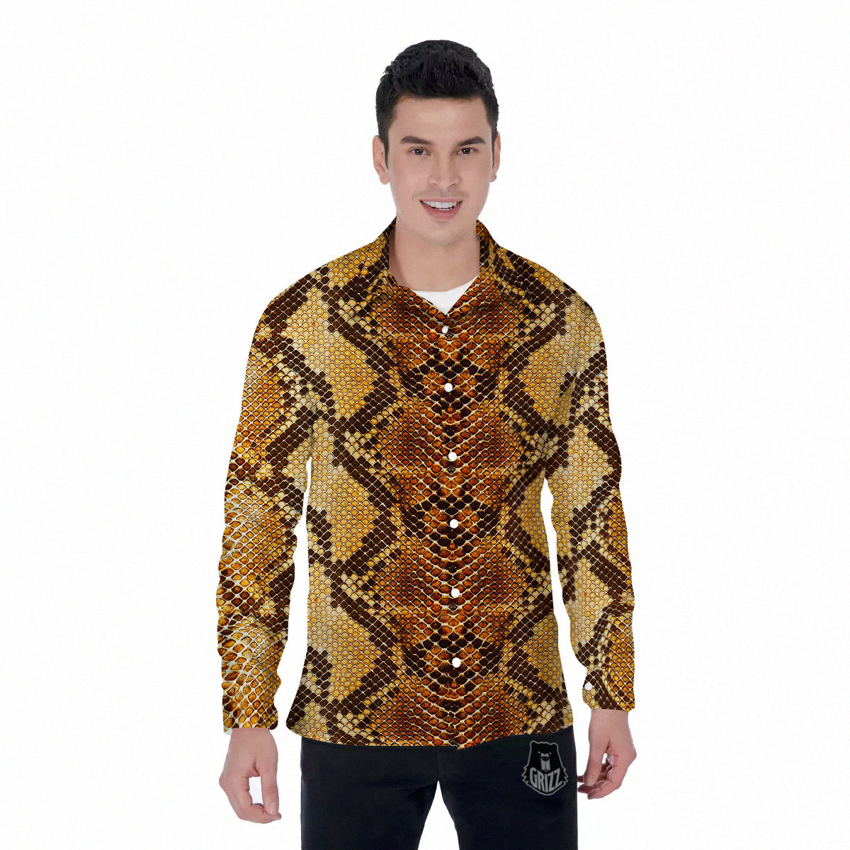 Snakeskin Leathers Print Men's Long Sleeve Shirts-grizzshop