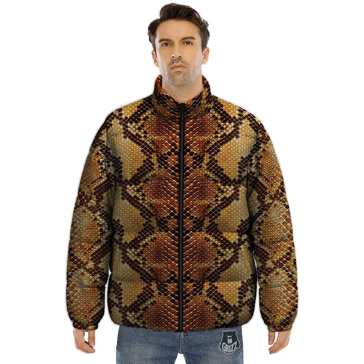 Snakeskin Leathers Print Puffer Jacket-grizzshop