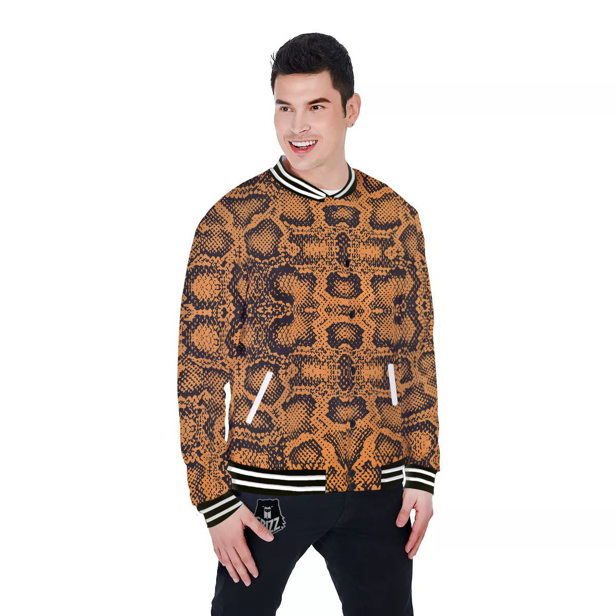 Snakeskin Orange Print Pattern Baseball Jacket-grizzshop