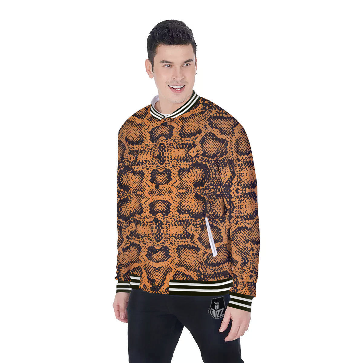 Snakeskin Orange Print Pattern Baseball Jacket-grizzshop