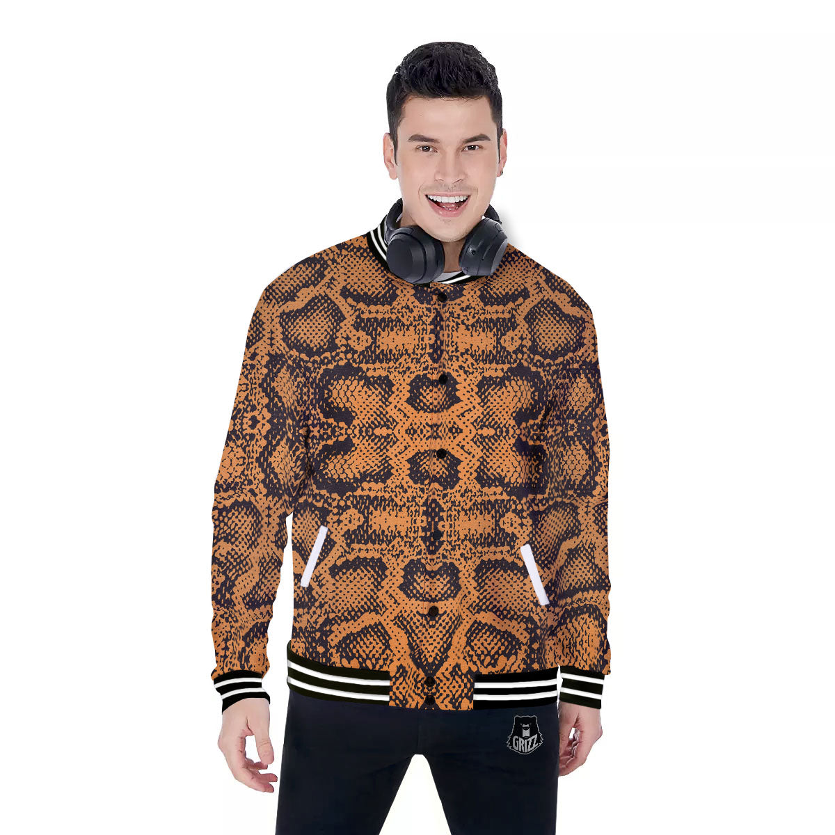 Snakeskin Orange Print Pattern Baseball Jacket-grizzshop