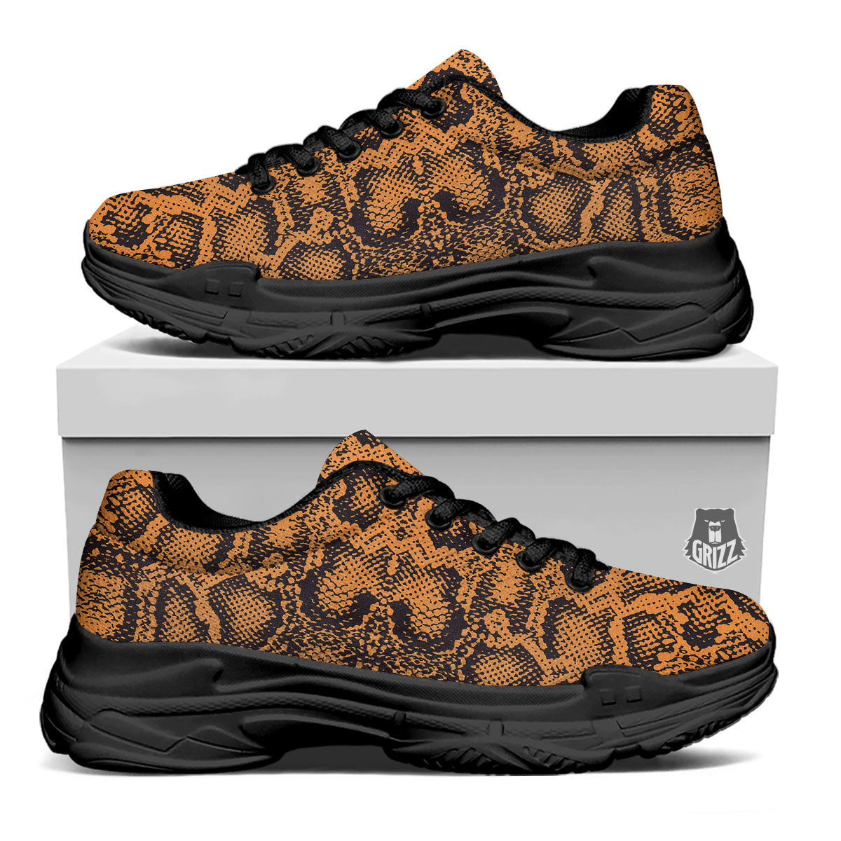 Snakeskin Orange Print Pattern Black Chunky Shoes-grizzshop