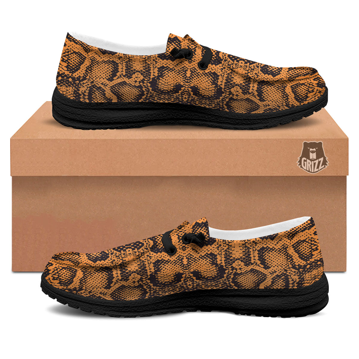 Snakeskin Orange Print Pattern Black Loafers-grizzshop
