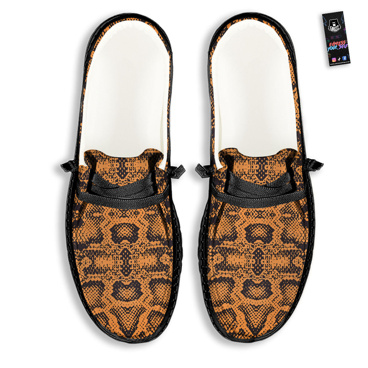 Snakeskin Orange Print Pattern Black Loafers-grizzshop