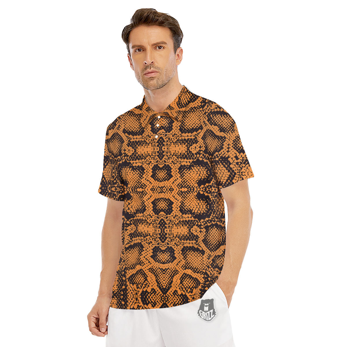 Snakeskin Orange Print Pattern Men's Golf Shirts-grizzshop