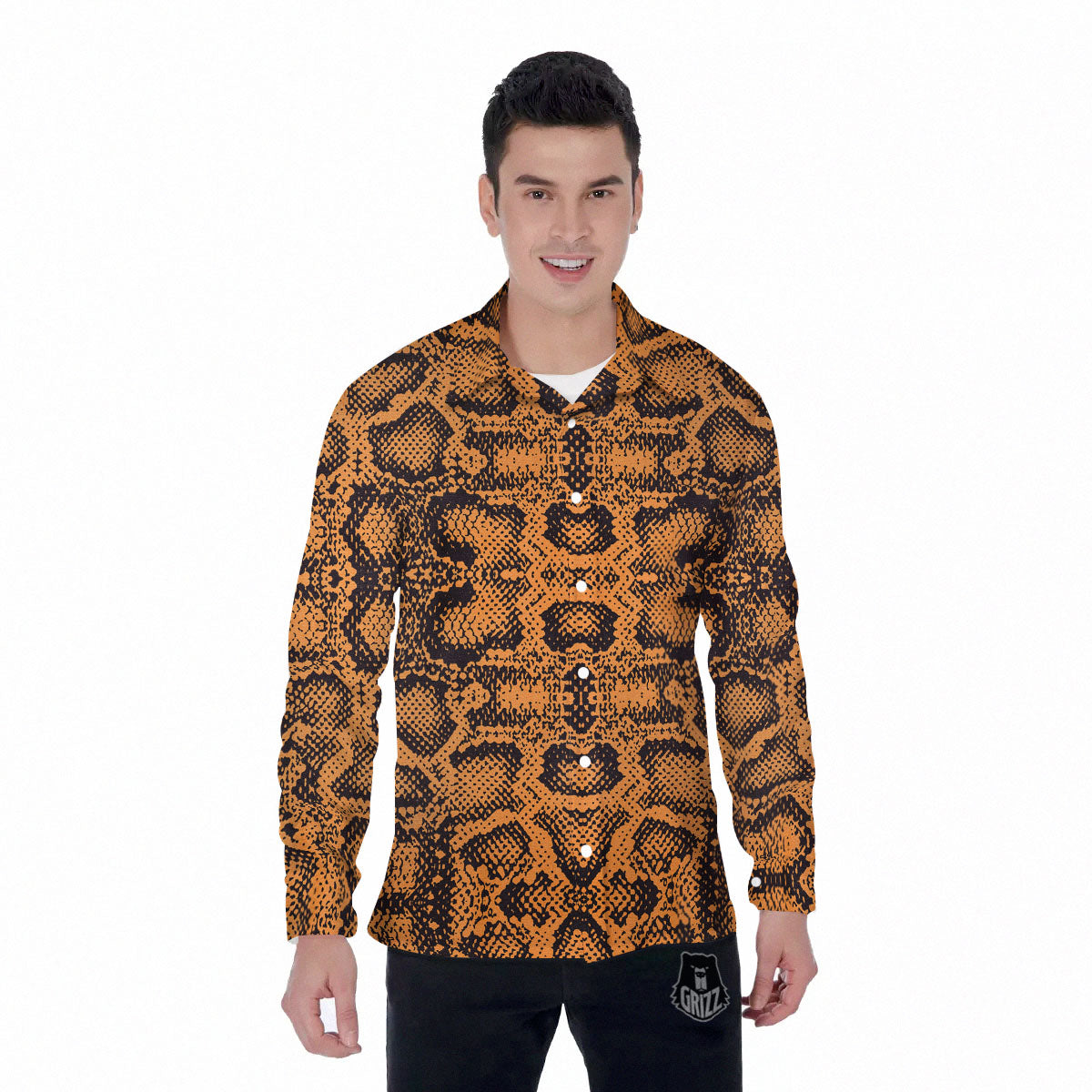 Snakeskin Orange Print Pattern Men's Long Sleeve Shirts-grizzshop