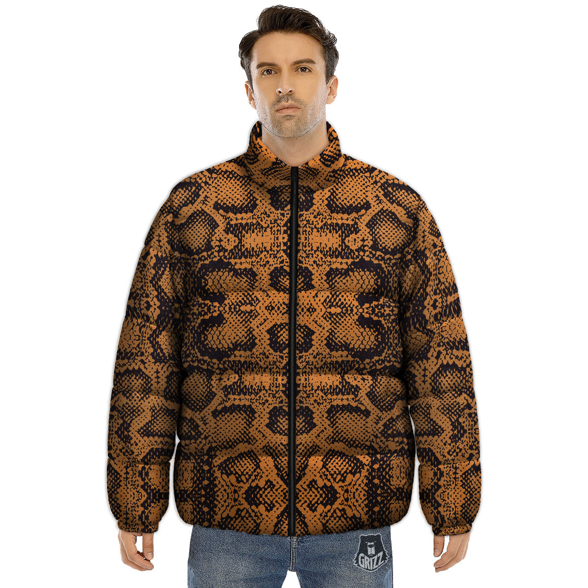 Snakeskin Orange Print Pattern Puffer Jacket-grizzshop