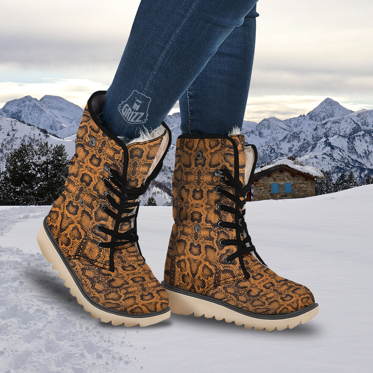 Snakeskin Orange Print Pattern Snow Boots-grizzshop
