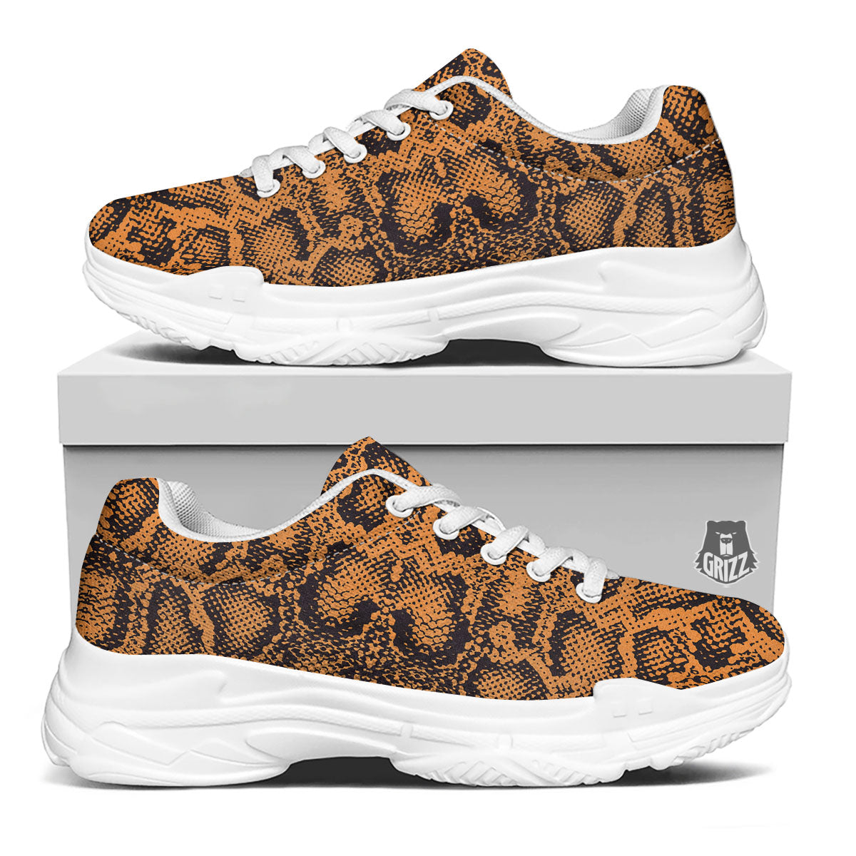 Snakeskin Orange Print Pattern White Chunky Shoes-grizzshop
