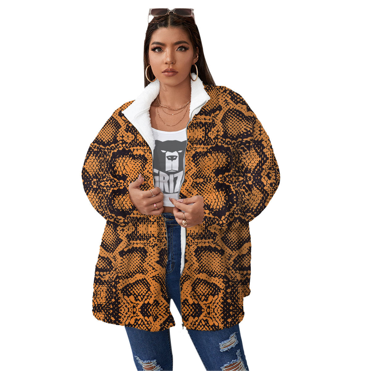 Snakeskin Orange Print Pattern Women's Sherpa Jacket-grizzshop