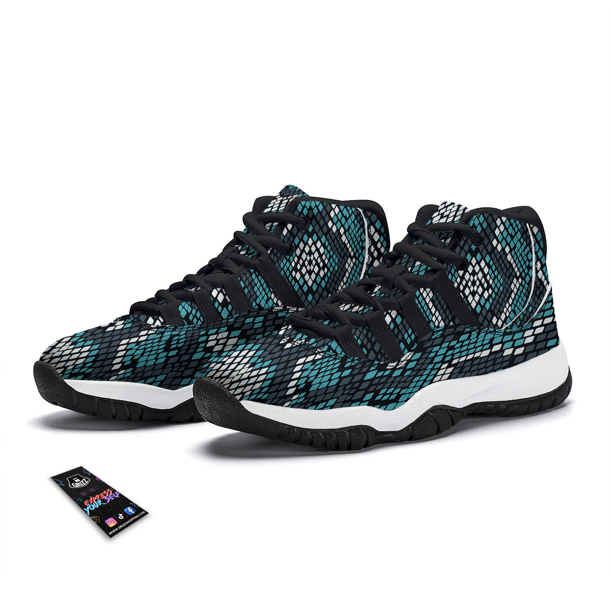 Snakeskin Pattern Print Black Bball Shoes-grizzshop
