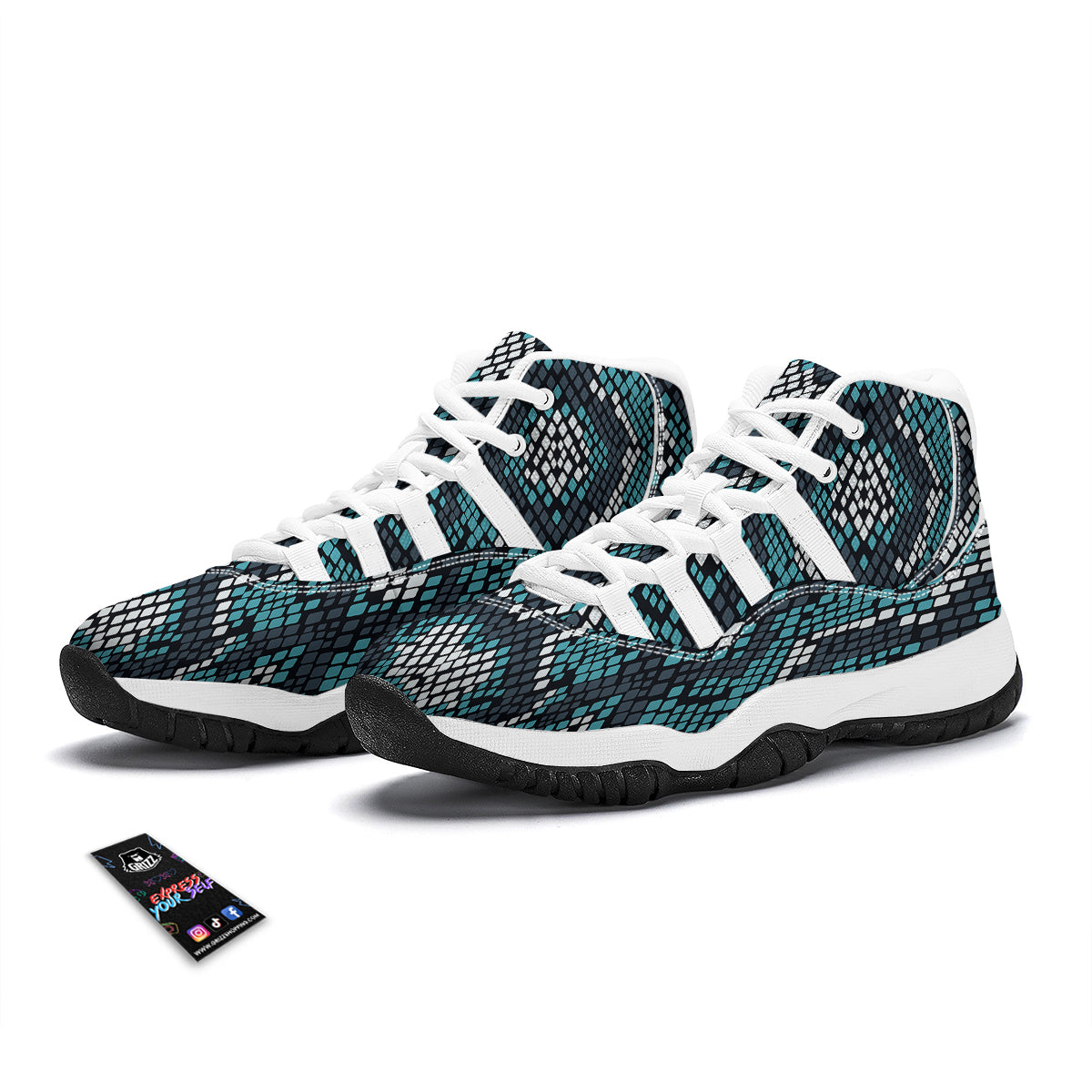 Snakeskin Pattern Print White Bball Shoes-grizzshop