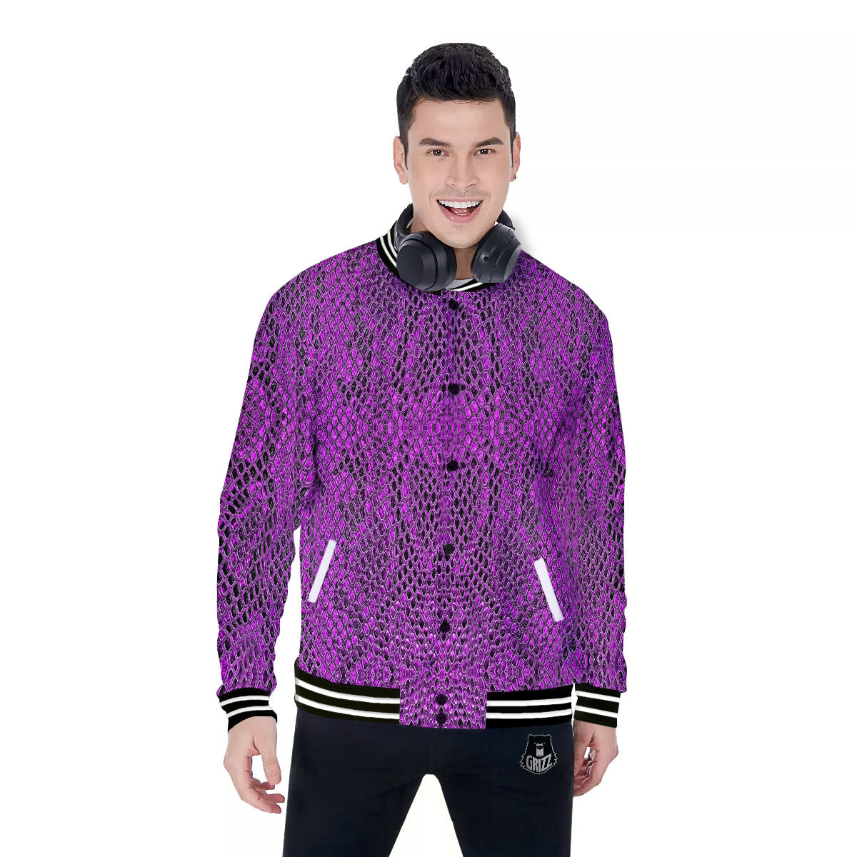Snakeskin Purple Print Pattern Baseball Jacket-grizzshop