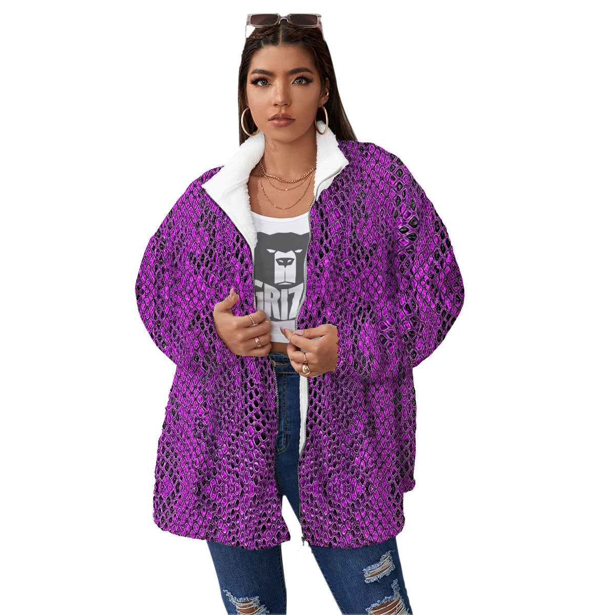 Snakeskin Purple Print Pattern Women's Sherpa Jacket-grizzshop