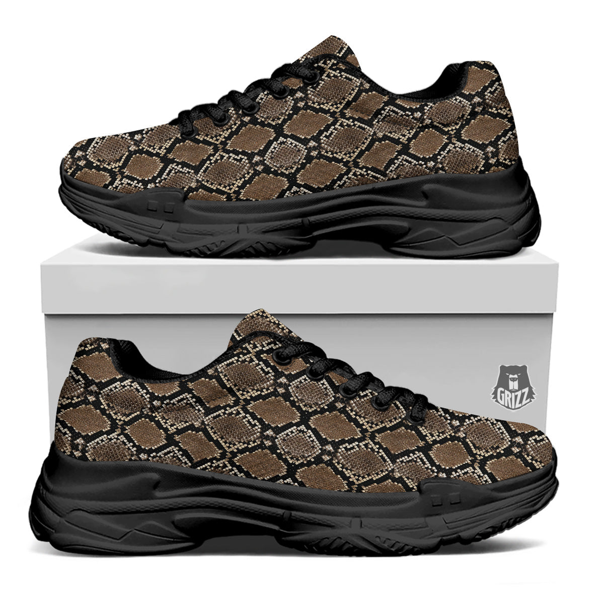 Snakeskin Python Brown Print Black Chunky Shoes-grizzshop