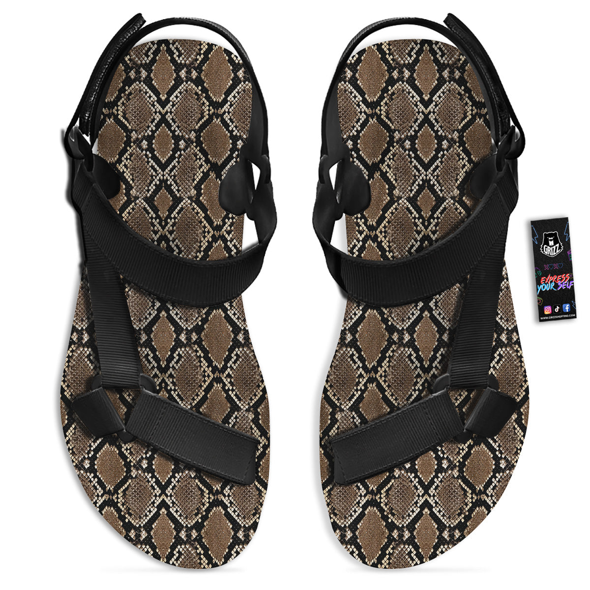 Snakeskin Python Brown Print Black Open Toe Sandals-grizzshop