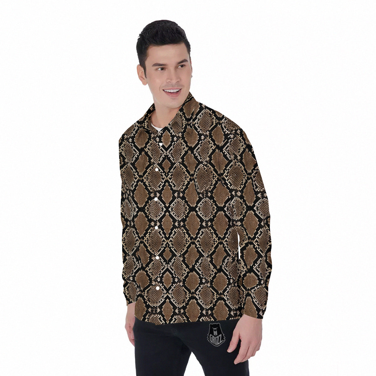 Snakeskin Python Brown Print Men's Long Sleeve Shirts-grizzshop