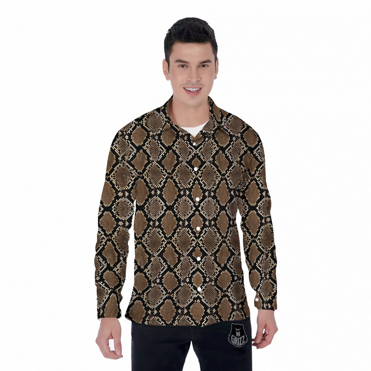 Snakeskin Python Brown Print Men's Long Sleeve Shirts-grizzshop