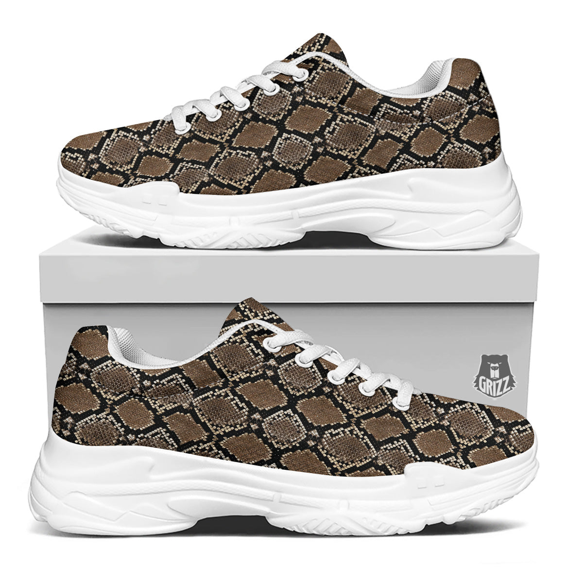 Snakeskin Python Brown Print White Chunky Shoes-grizzshop